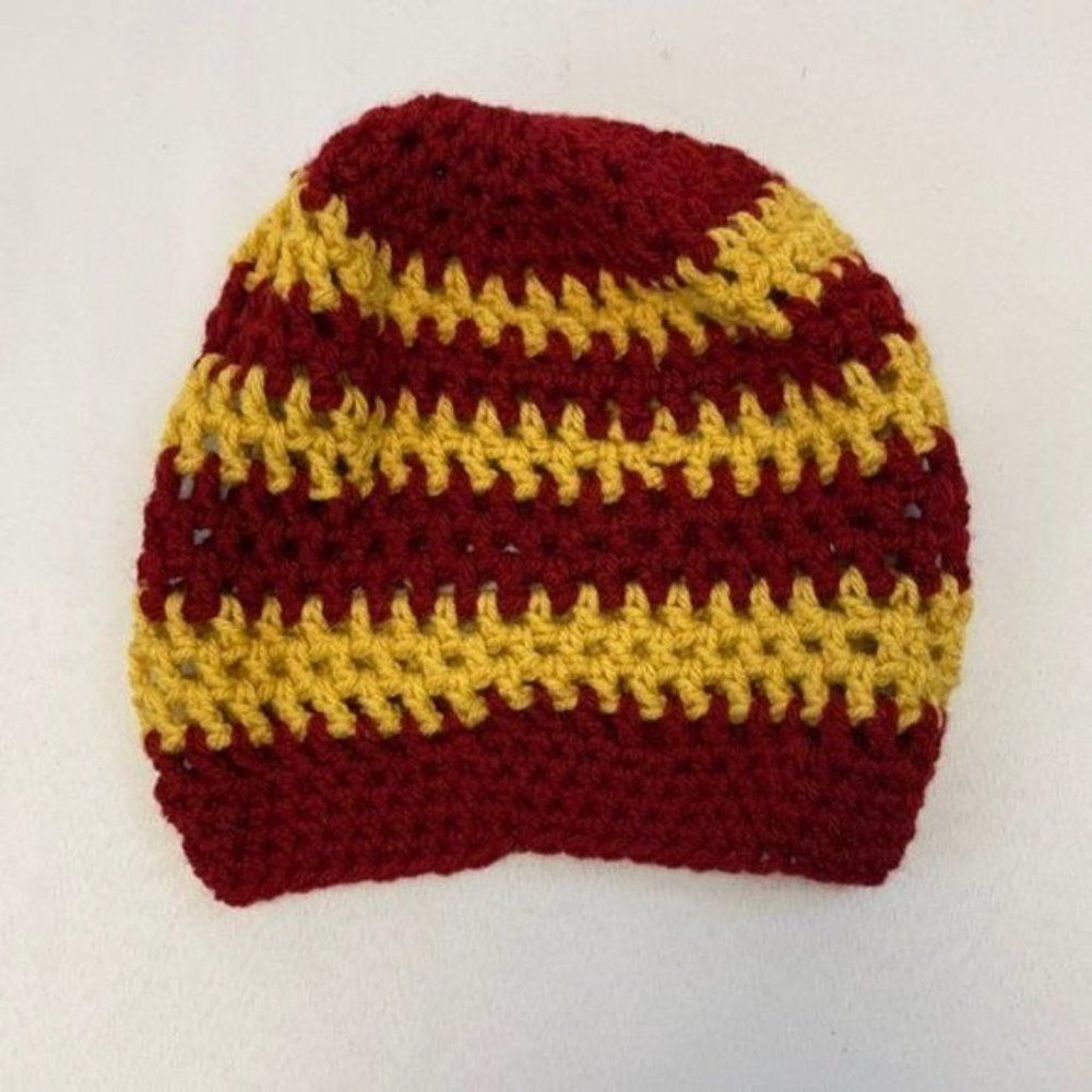 Red & Gold Crochet Slouchy Beanie Hat
